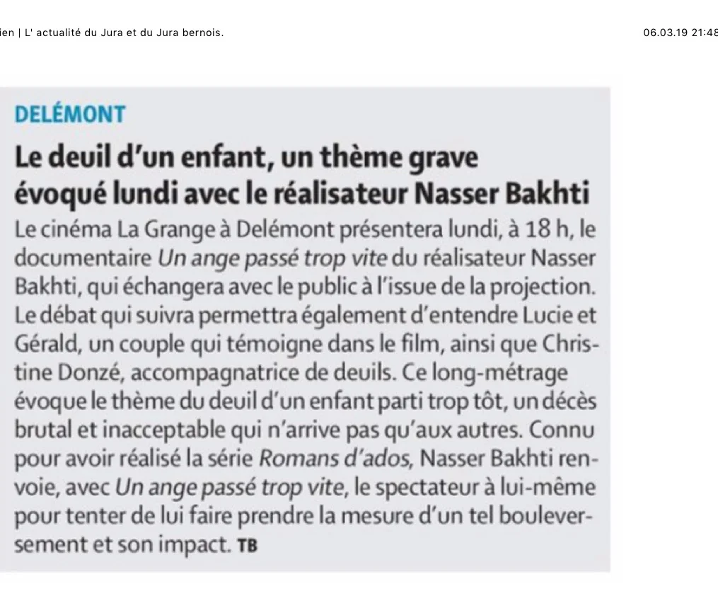 Le deuil d'un enfant, un thème grave évoqué lundi avec le réalisateur Nasser Bakhti
