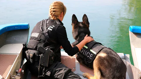 Une policière et un chien de police à bord d’une embarcation sur une rivière.