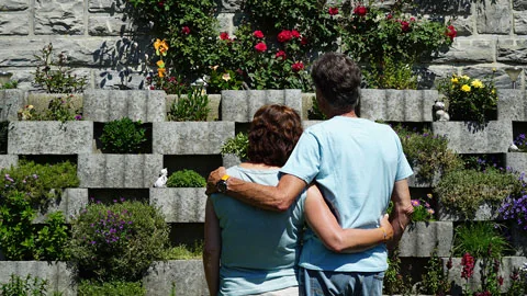 Deux personnes enlacées, vues de dos devant un mur en pierre couvert de fleurs.